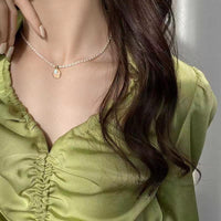 Retro Double Layer Women Necklace Pendant Necklace Clavicle Chain Pearl Choker