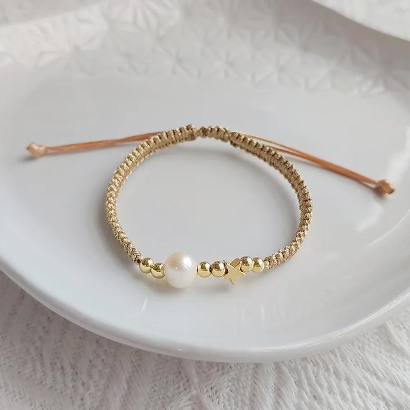 Adjustable Gold Pearl Bracelet Accessory Stylish Hand-Woven Pearls Wrist Chain