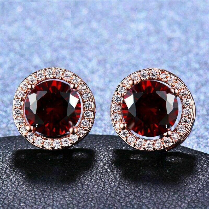 Red Garnet Diamond Halo Round Stud Earring Push Back Rose Gold Plated Women Gift