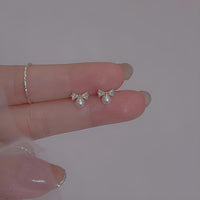 White Zircon Crystal Pearl Bow Tie Stud Earrings Elegant Best Gift for Women