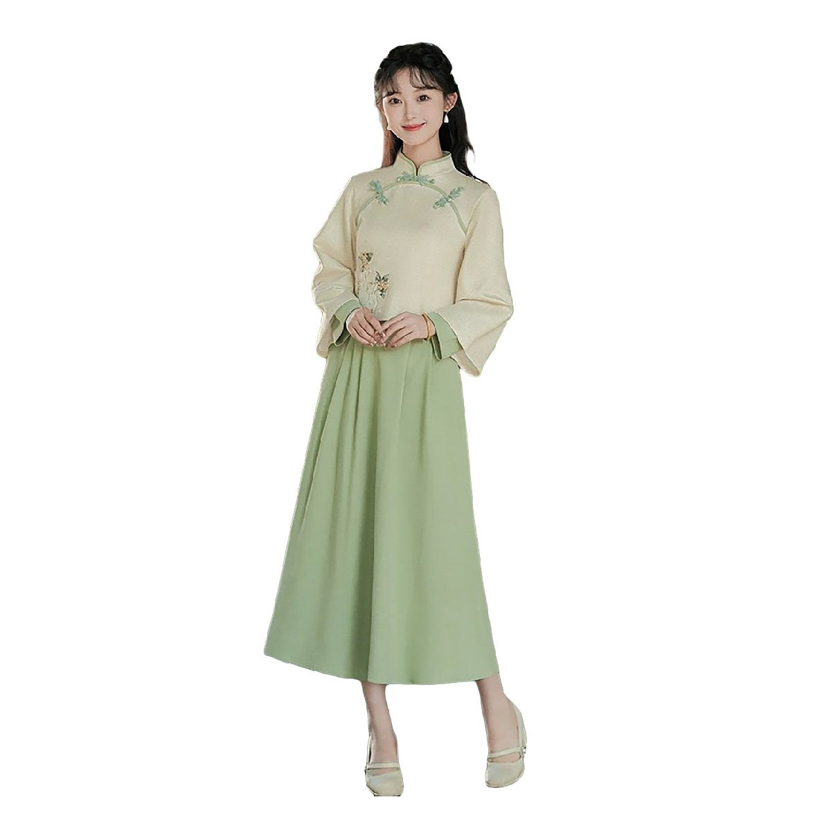 Women's Light Green and Beige Modern Hanfu Two-Piece Set