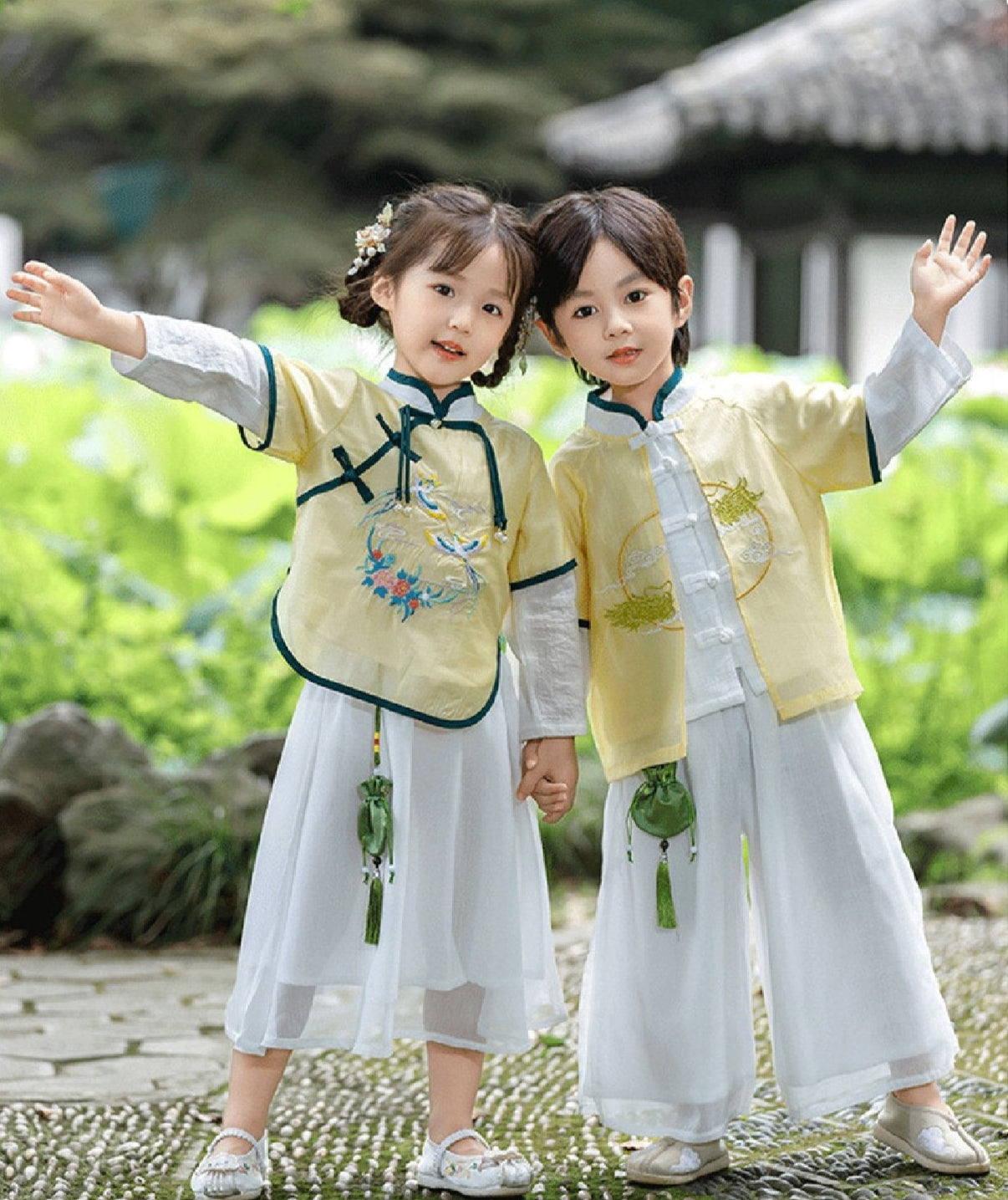 Girls' Traditional Embroidered Cotton Elegance Yellow Hanfu