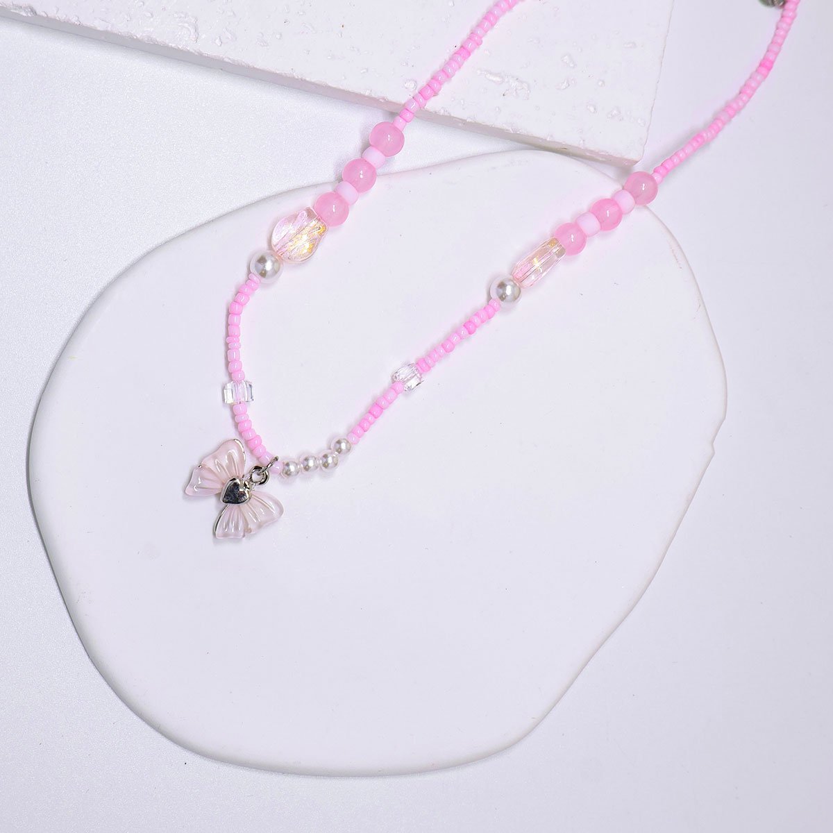 Handmade Pink Butterfly Beaded Necklace Women Girls Cute Boho Fashion