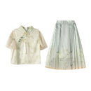 Green Floral Girls Short Skirt Hanfu Two Piece Set