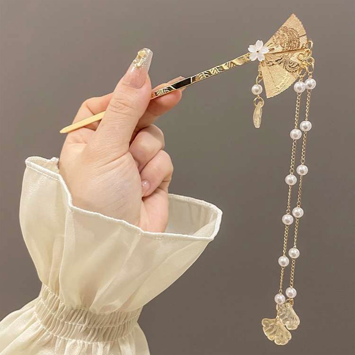 Chinese Style Hanfu Hairpin Folding Fan Fringe Headdress Accessories