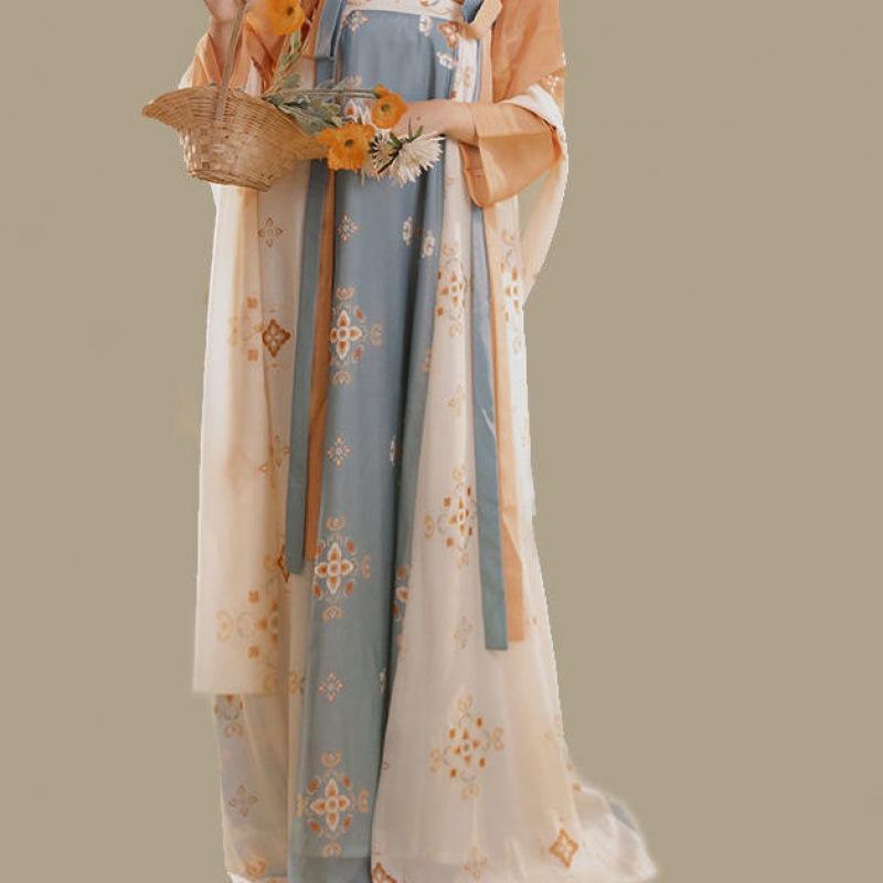 Tang Dynasty Orange And Blue Chinese Traditional Hanfu