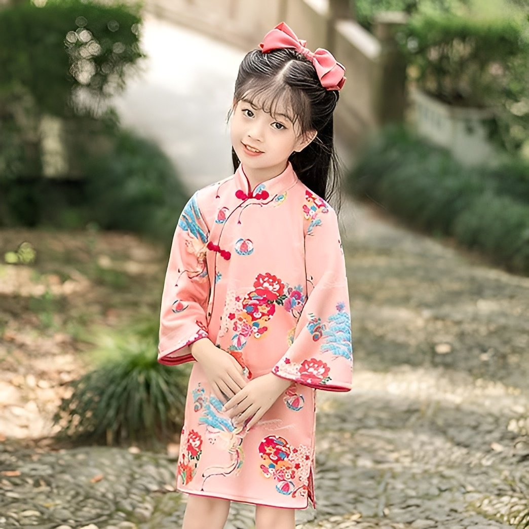 Girls' Long Sleeve Pink Floral Velvet Qipao