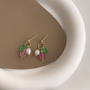 Unique Geometric Strawberry Crystal Green Leaf Earrings with Imitation Pearls