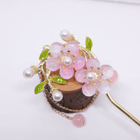 Chinese Style Pink Double Flower Fringe Hairpin Hanfu Headdress for Women