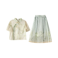 Green Floral Girls Short Skirt Hanfu Two Piece Set