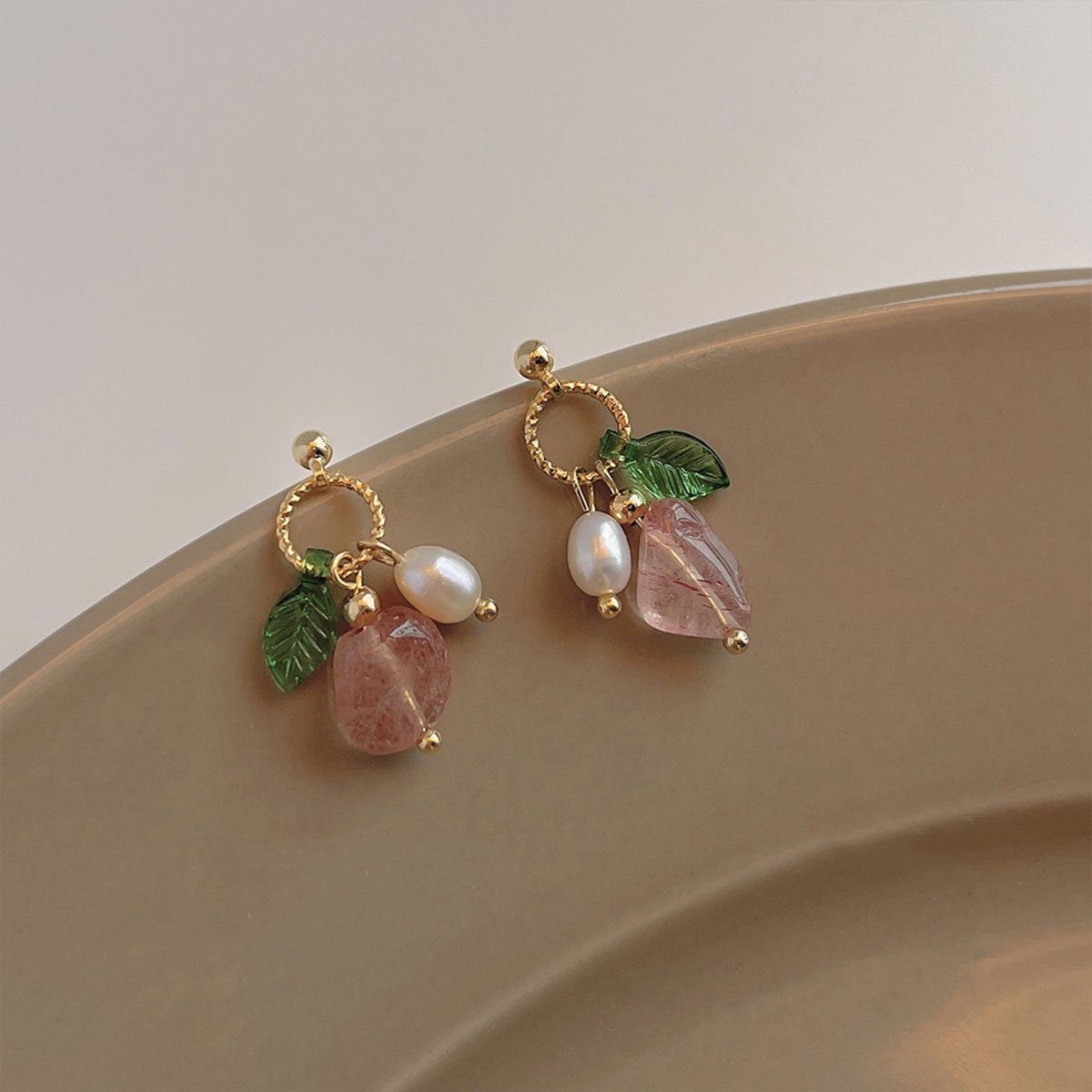 Unique Geometric Strawberry Crystal Green Leaf Earrings with Imitation Pearls