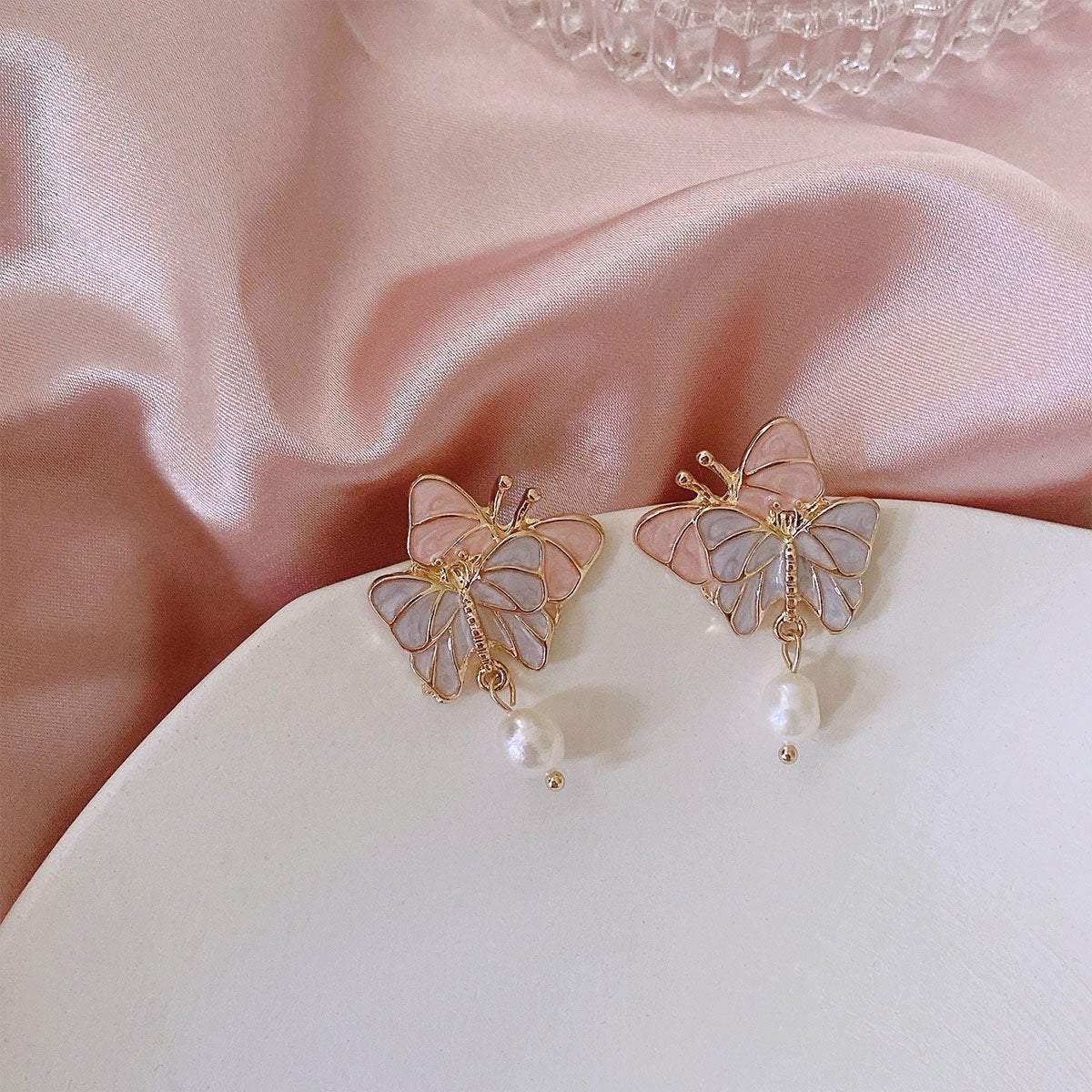 Elegant Pink Purple Double Butterfly Earrings Women Fashion Jewelry Gift Set