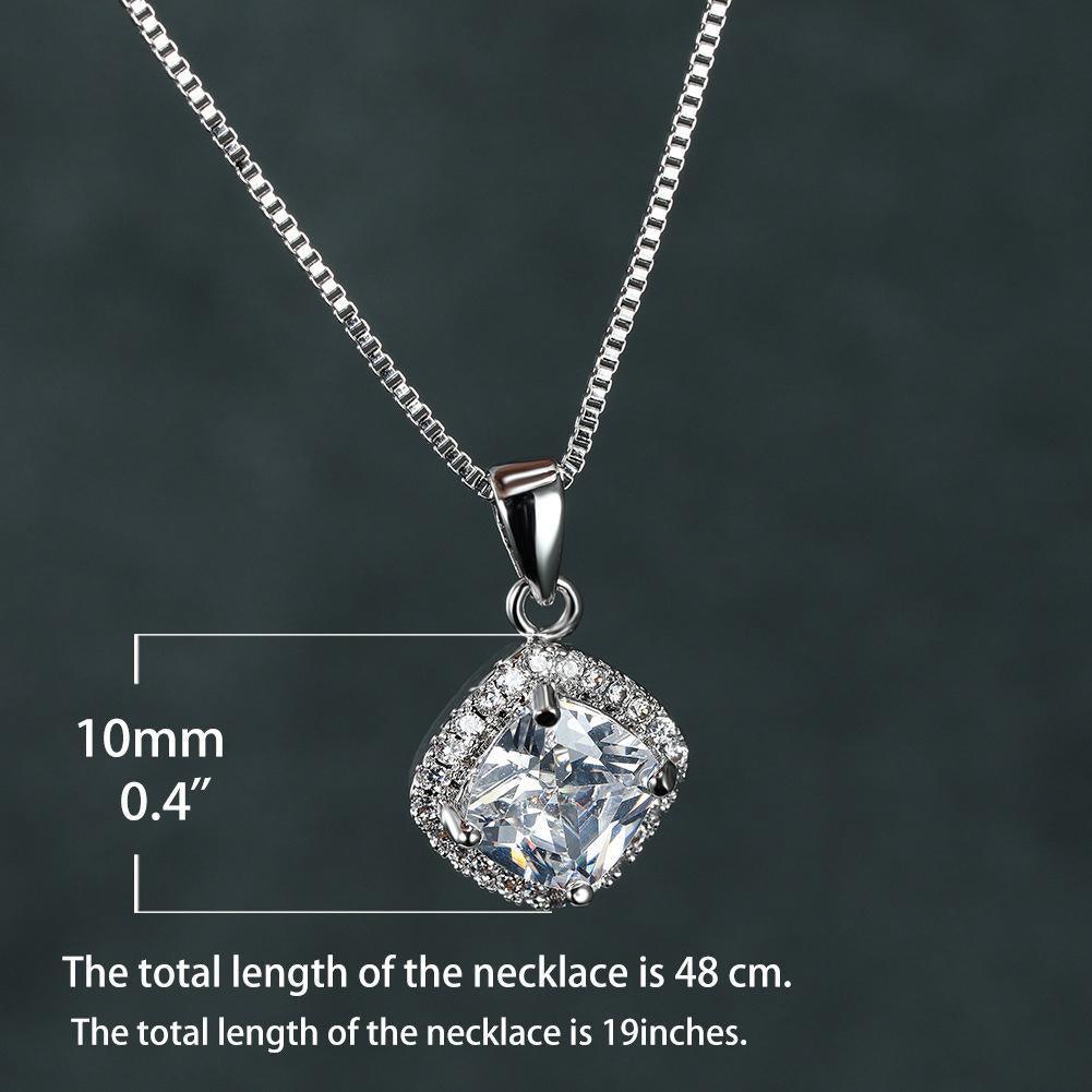 Fashion 925 Sterling Silver Stunning Square Cubic Zircon Pendant Necklace Chain