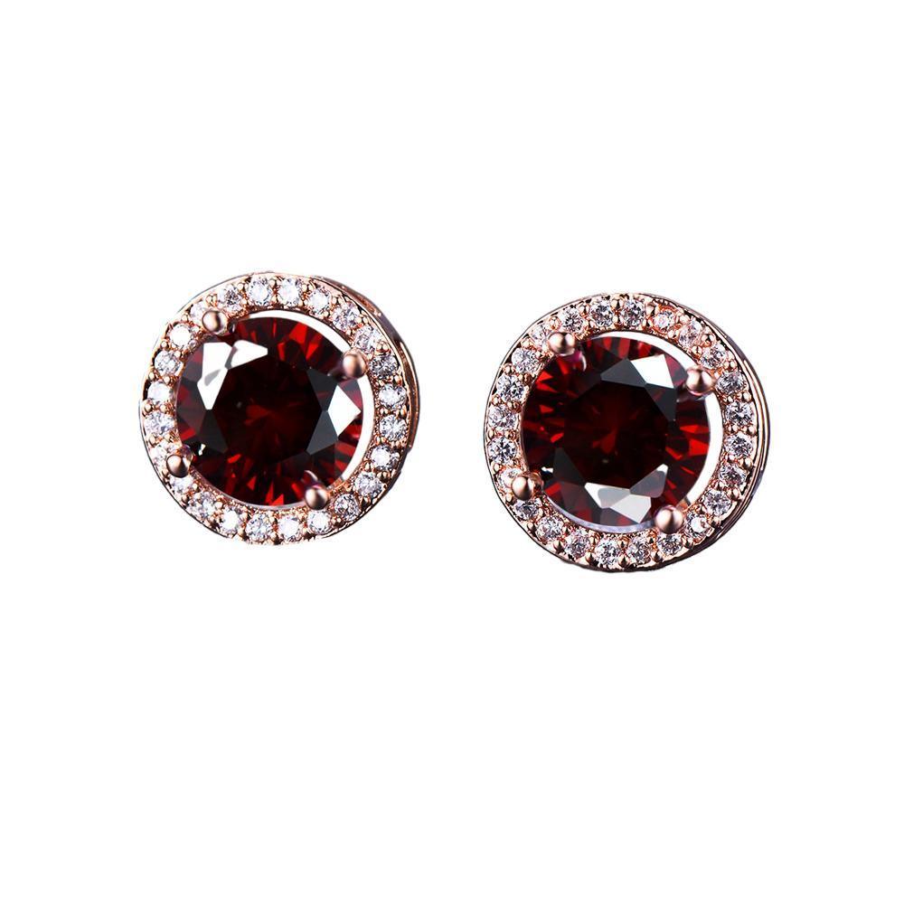 Red Garnet Diamond Halo Round Stud Earring Push Back Rose Gold Plated Women Gift