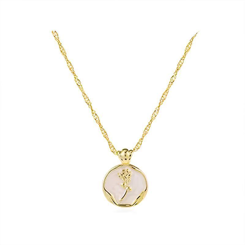 White Gold Plated Round Rose Natural Shell Pendant Necklace Pearlescent Gift