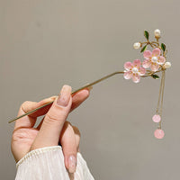 Chinese Style Pink Double Flower Fringe Hairpin Hanfu Headdress for Women