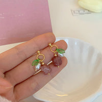 Unique Geometric Strawberry Crystal Green Leaf Earrings with Imitation Pearls