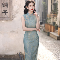 Sleeveless Blue Floral Cheongsam Dress