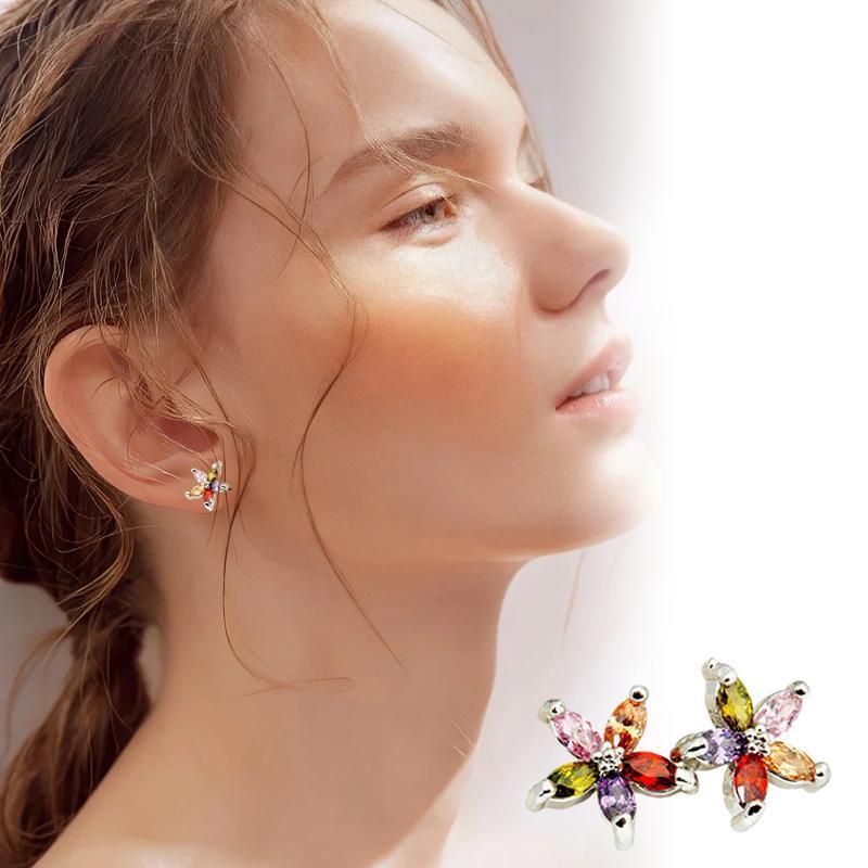 Colourful Petal Zircon Earrings Silver Ladies Wedding Party Christmas Gift