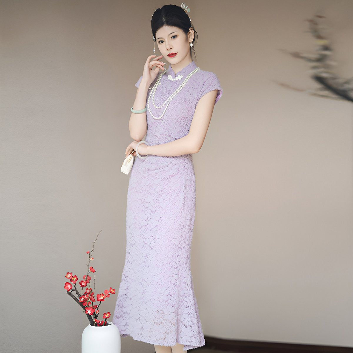 Lady's Lavender Elegant Lace Cheongsam Dress