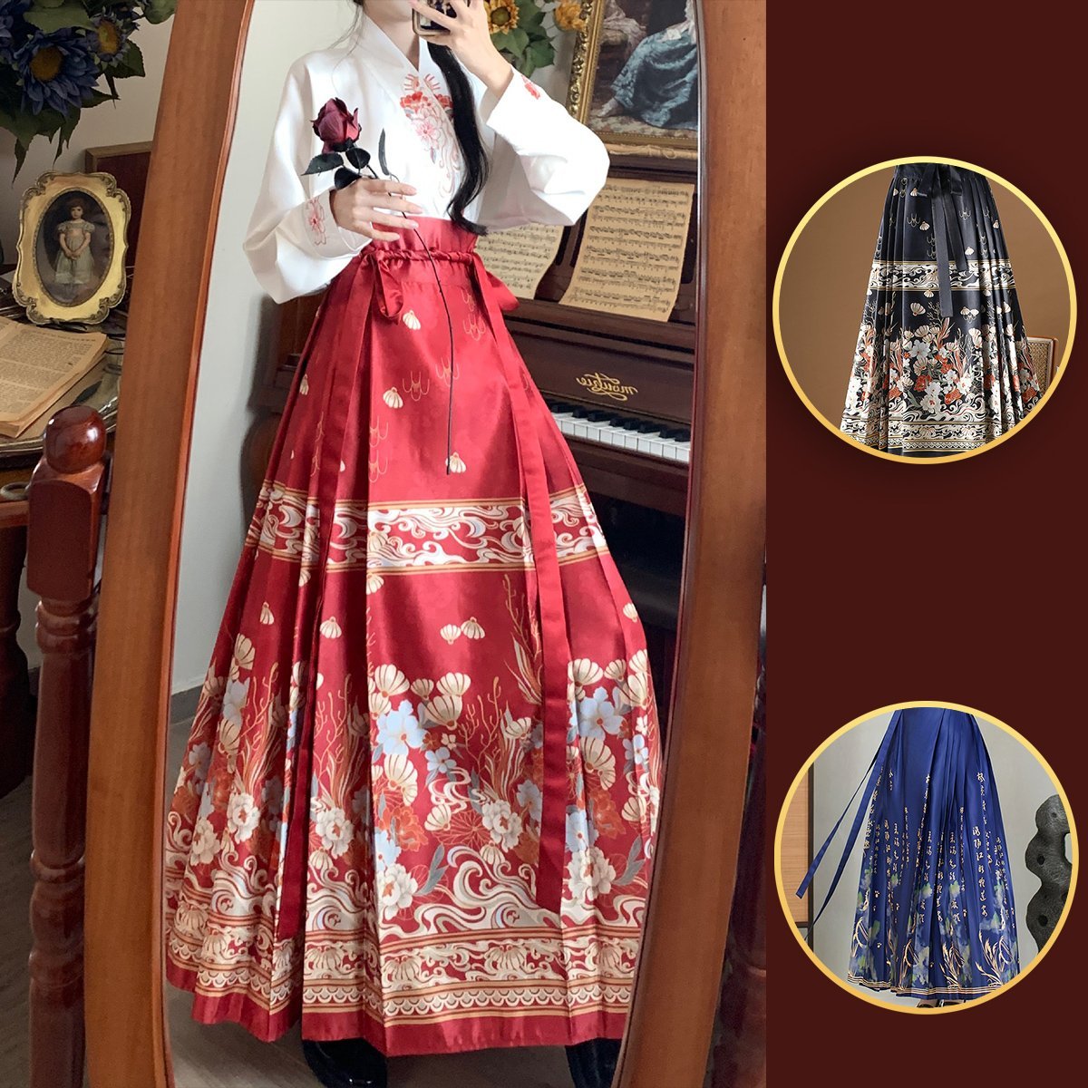 Chinese Horse Face Skirt Womens Long Hanfu Traditional Half Body Skirt