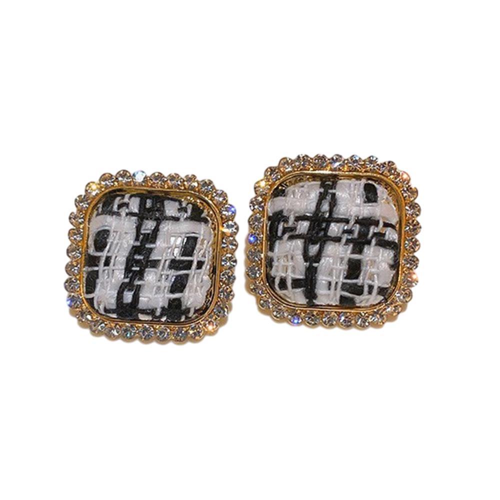 Plaid Pattern Square Stud Earrings with Rhinestone Border