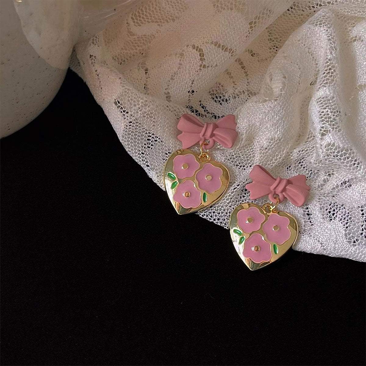 Lovely Pink Bow Heart Shaped Earrings Women Sweet Fashion Jewelry Gift