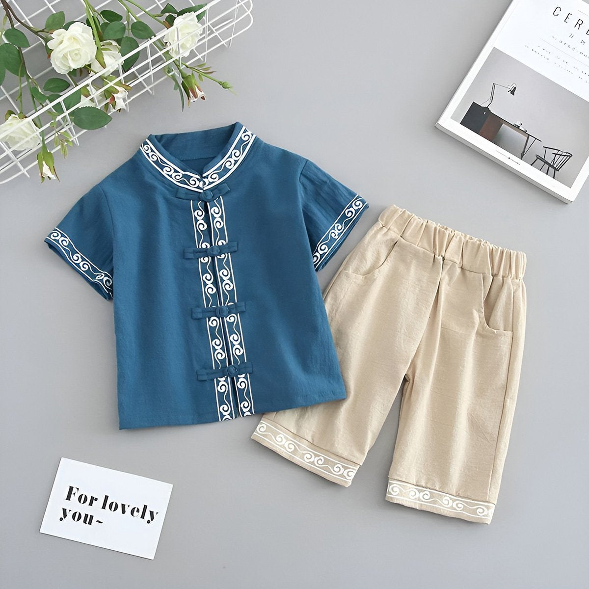 Boys Short Sleeve Hanfu Shorts Two Piece Set