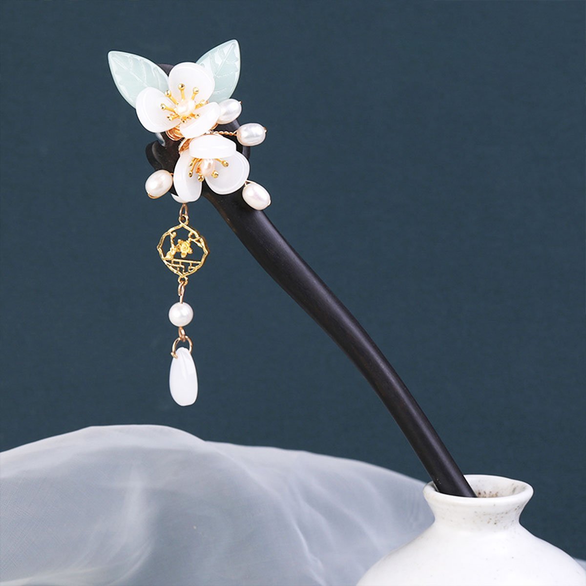 Jade Flower Pendant Hairpin Vintage Chinese Style Hair Accessories Clip