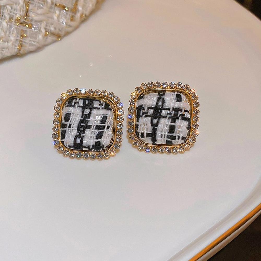 Plaid Pattern Square Stud Earrings with Rhinestone Border