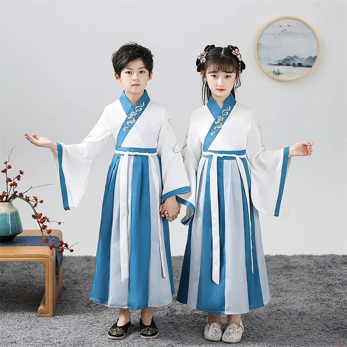 Kids Hanfu Chinese Costumes Blue Long Robe