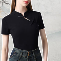 Chinese Style Stand Up Collar Disc Button Blouse Short Sleeve Women Fashion