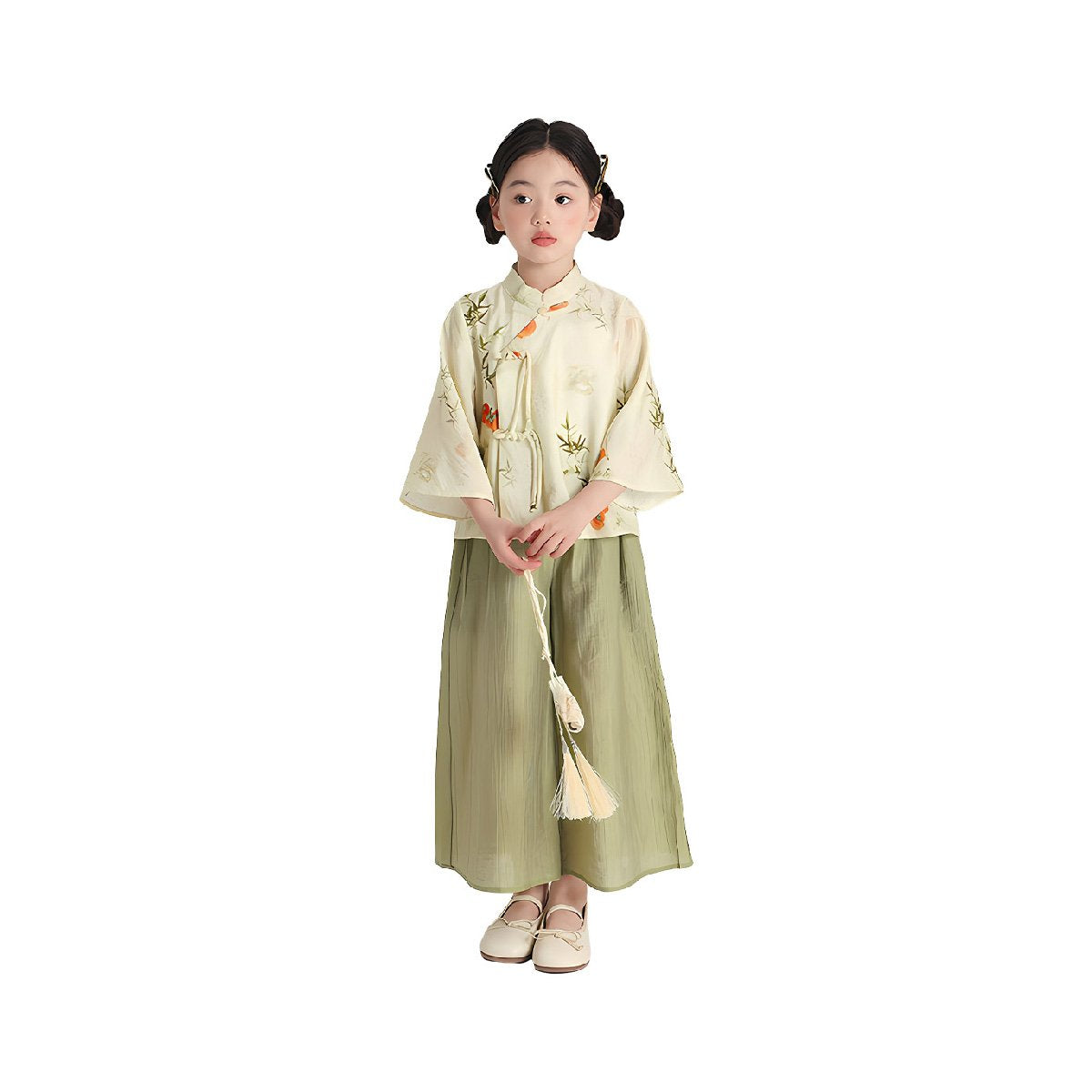 Girl's Bamboo Printing Green Two Pieces  Set