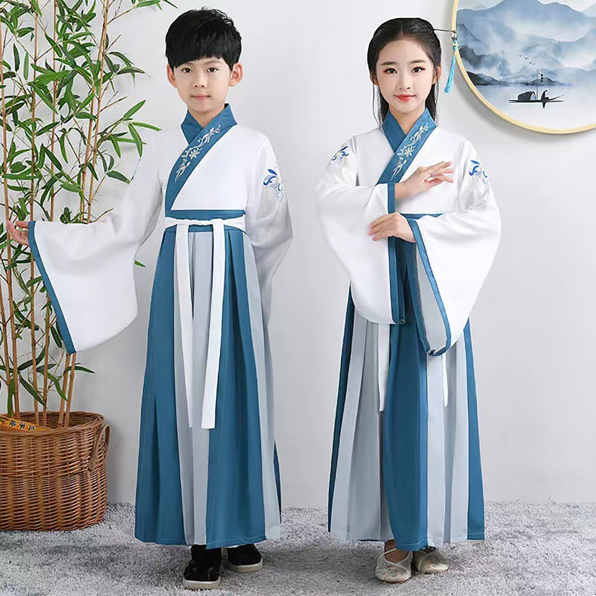 Kids Hanfu Chinese Costumes Blue Long Robe