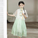 Girls' White and Green Hanfu Clothing Two-Piece Set