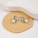 Vintage French Earrings Sweet Two-Tone Green Pink Plant Design Fashion Jewelry