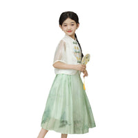 Girls' White and Green Hanfu Clothing Two-Piece Set