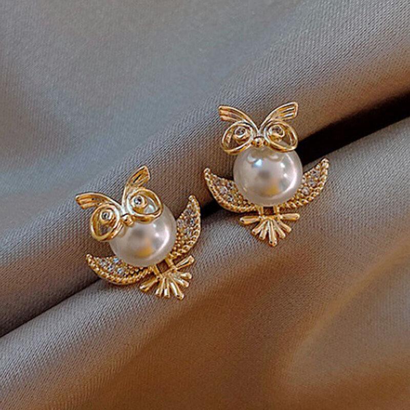 Gold and Pearl Owl Earrings