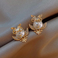 Gold and Pearl Owl Earrings