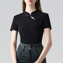 Chinese Style Stand Up Collar Disc Button Blouse Short Sleeve Women Fashion