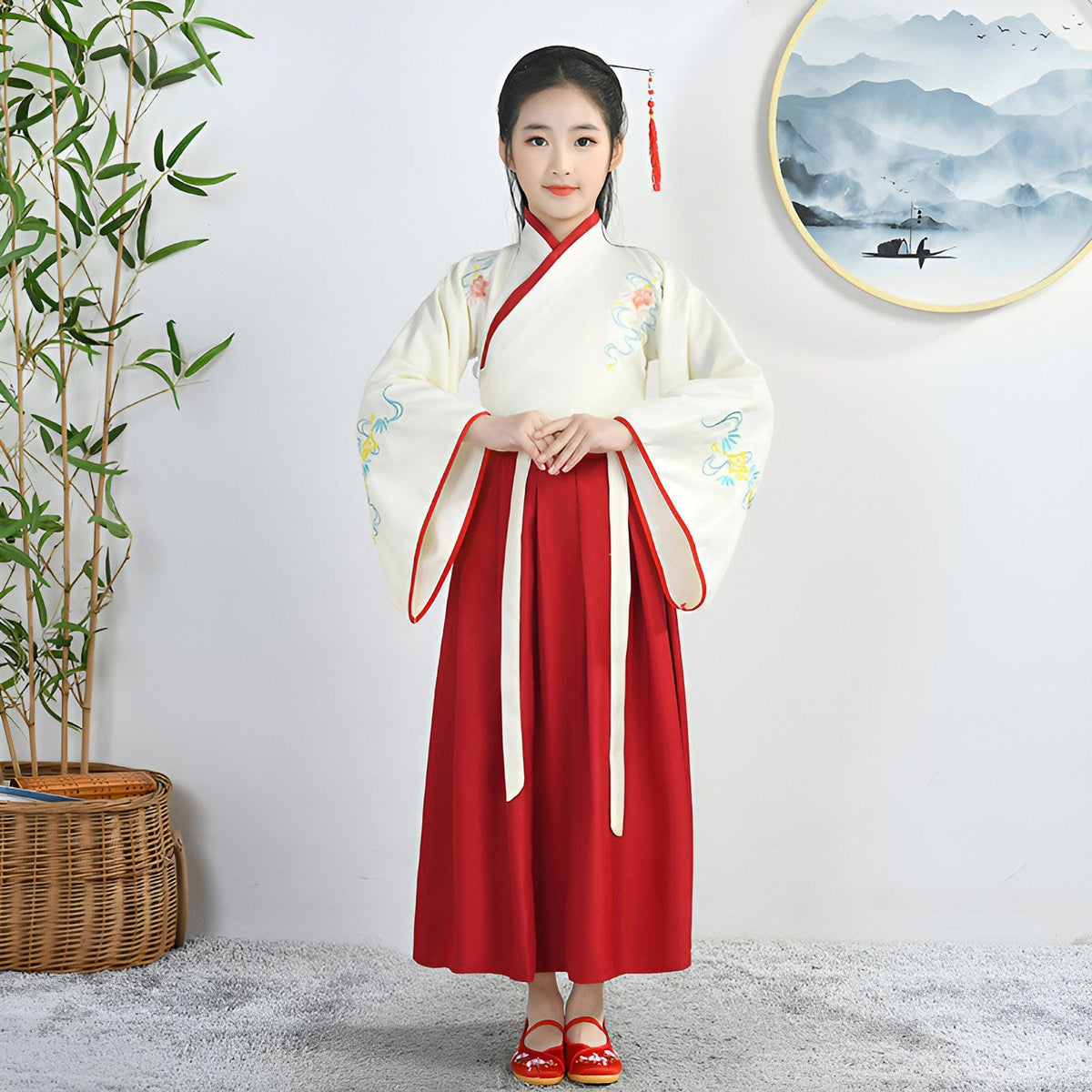 Girls' Red and White Embroidered Hanfu - Chinese Clothing