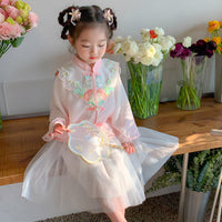 Pink and White Floral Girls Hanfu Two Piece Set