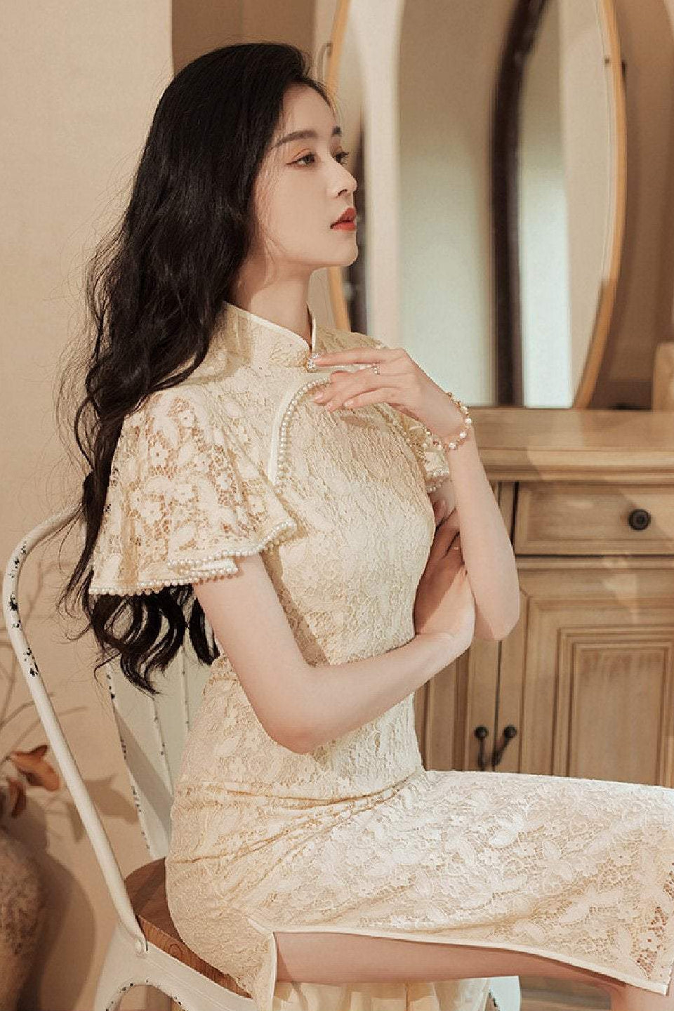 Lady's Triditional Chinese Elgant Lace Cheongsam Dress