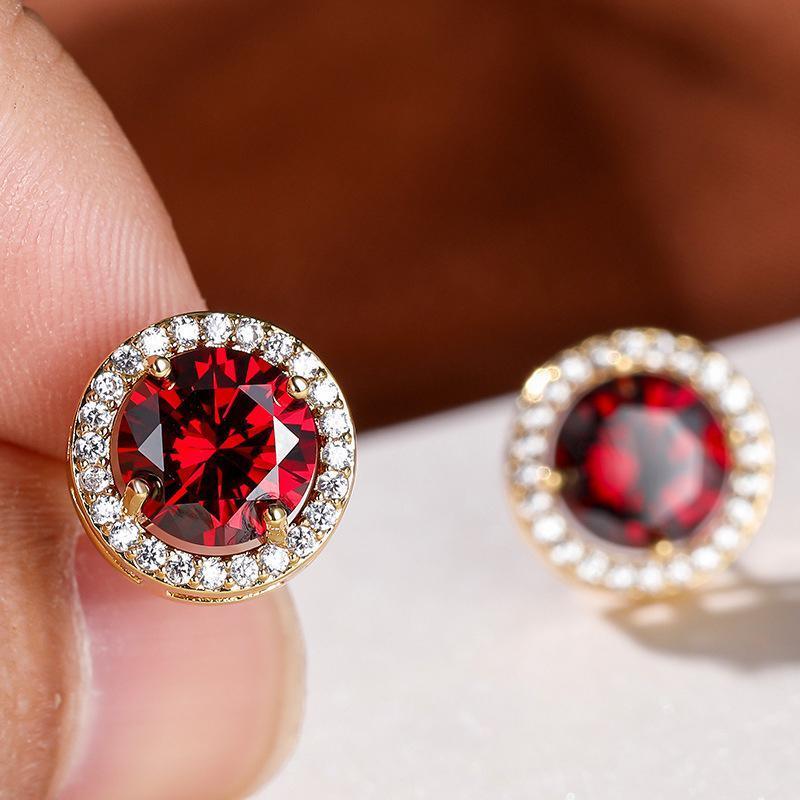 Red Garnet Diamond Halo Round Stud Earring Push Back Rose Gold Plated Women Gift