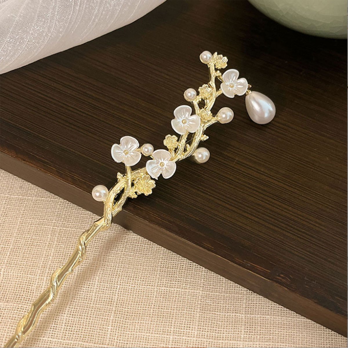 Pearl Flower Vine Hairpin Golden Chinese Style Bridal Hair Accessories