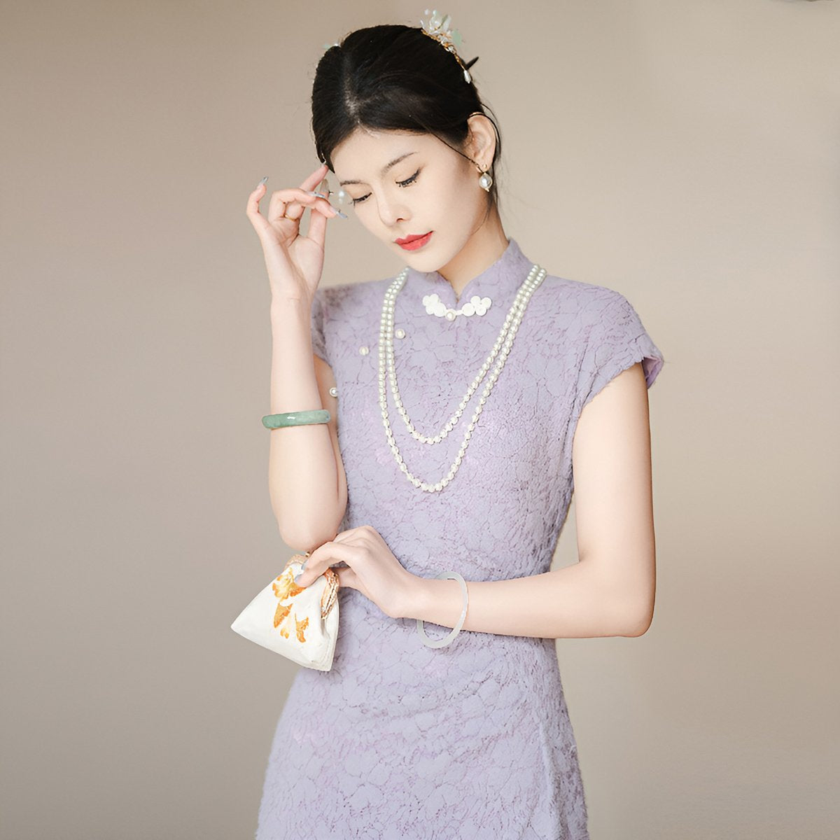 Lady's Lavender Elegant Lace Cheongsam Dress