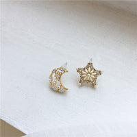 Delicate Asymmetric Star Moon Earrings for Girls Simple Micro-inlaid Jewelry