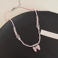 Handmade Pink Butterfly Beaded Necklace Women Girls Cute Boho Fashion