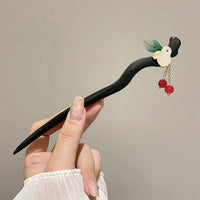 Chinese Style Wooden Hairpin Green Leaves Red Beads Hanfu Headdress