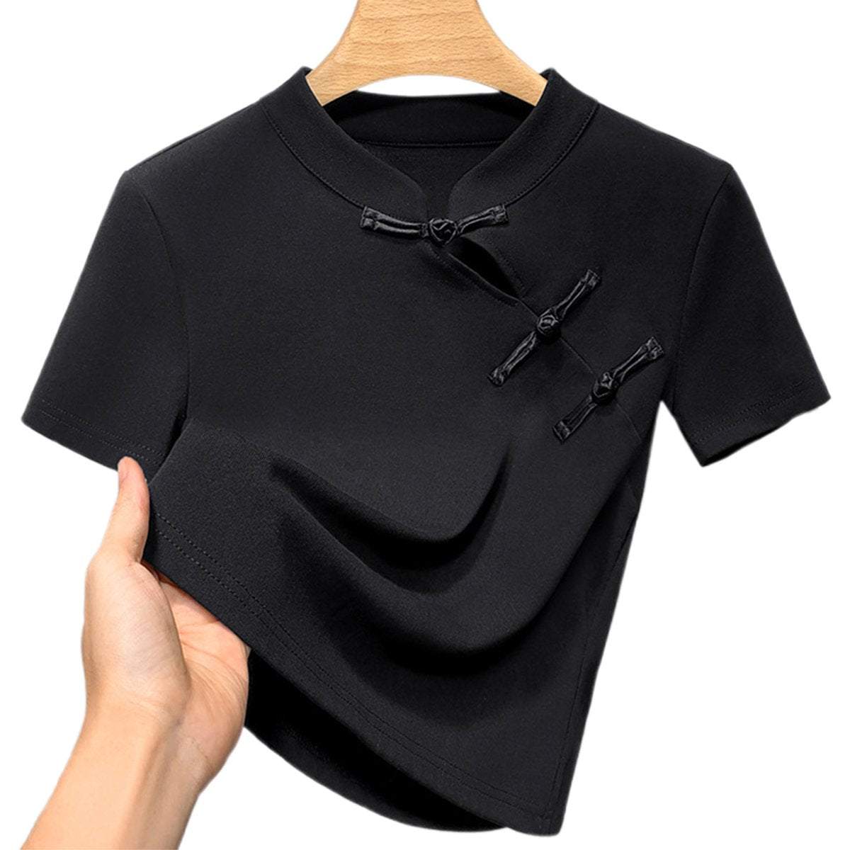 Chinese Style Stand Up Collar Disc Button Blouse Short Sleeve Women Fashion